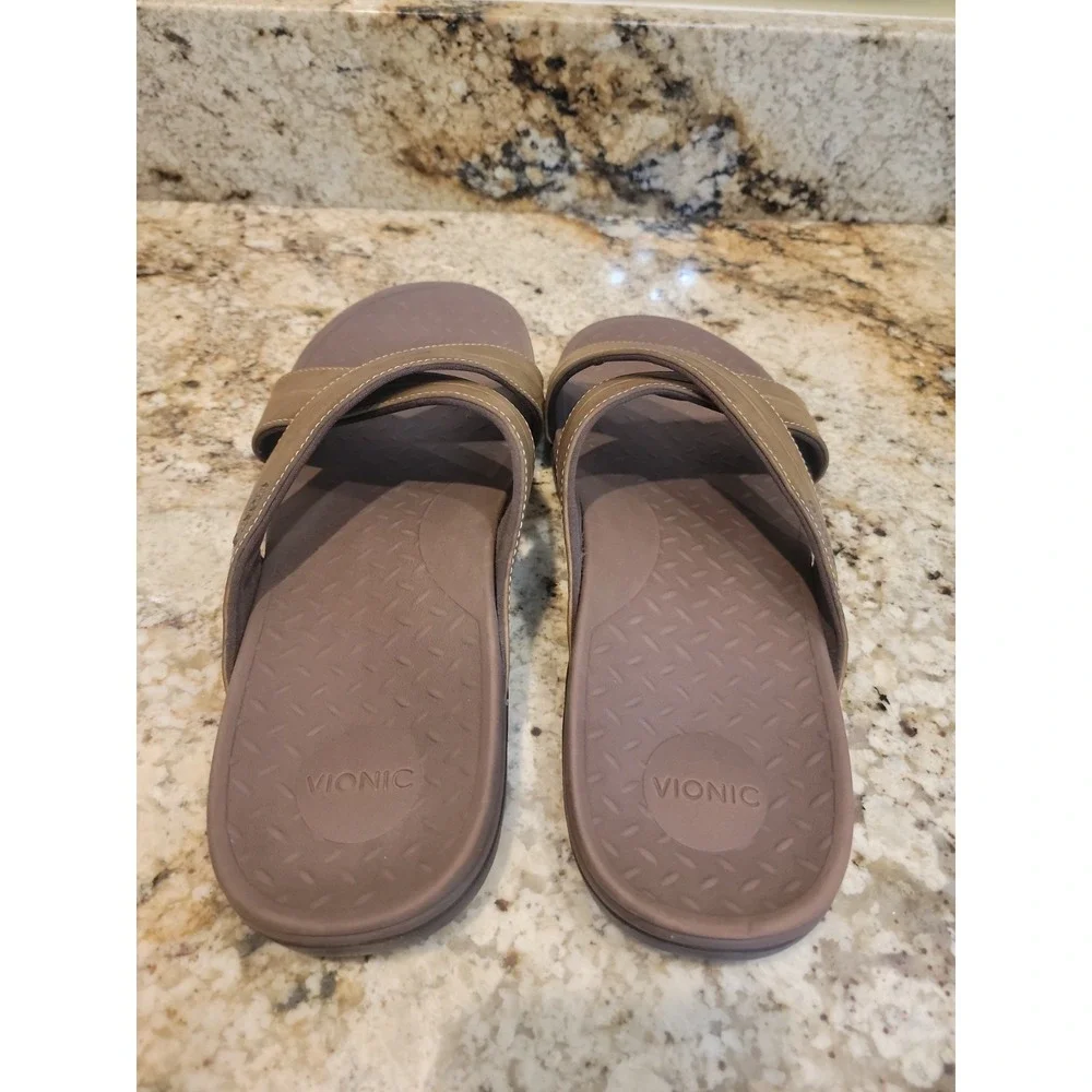 Vionic Men's Holbrook Criss Cross Slip On Sandals Brown Leather Size 13
